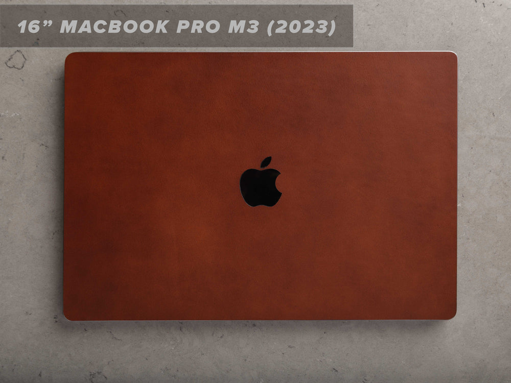 16 Inch MacBook Pro M3, 2023, Italian Leather Skin, Front, with Logo Cut Out
