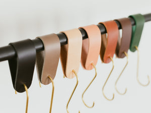 
                  
                    Load image into Gallery viewer, Solid Brass S Hooks with Small Italian Leather Loops, 5 Pack or 10 pack
                  
                