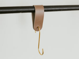 
                  
                    Load image into Gallery viewer, Solid Brass S Hooks with Large Italian Leather Loops, 5 Pack or 10 pack
                  
                