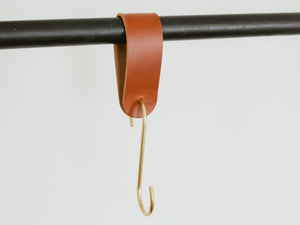 
                  
                    Load image into Gallery viewer, Solid Brass S Hooks with Large Italian Leather Loops, 5 Pack or 10 pack
                  
                