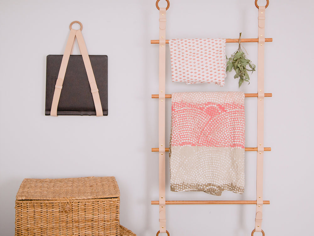 Hanging Blanket Ladder, Vegetable Tanned Leather & Wood