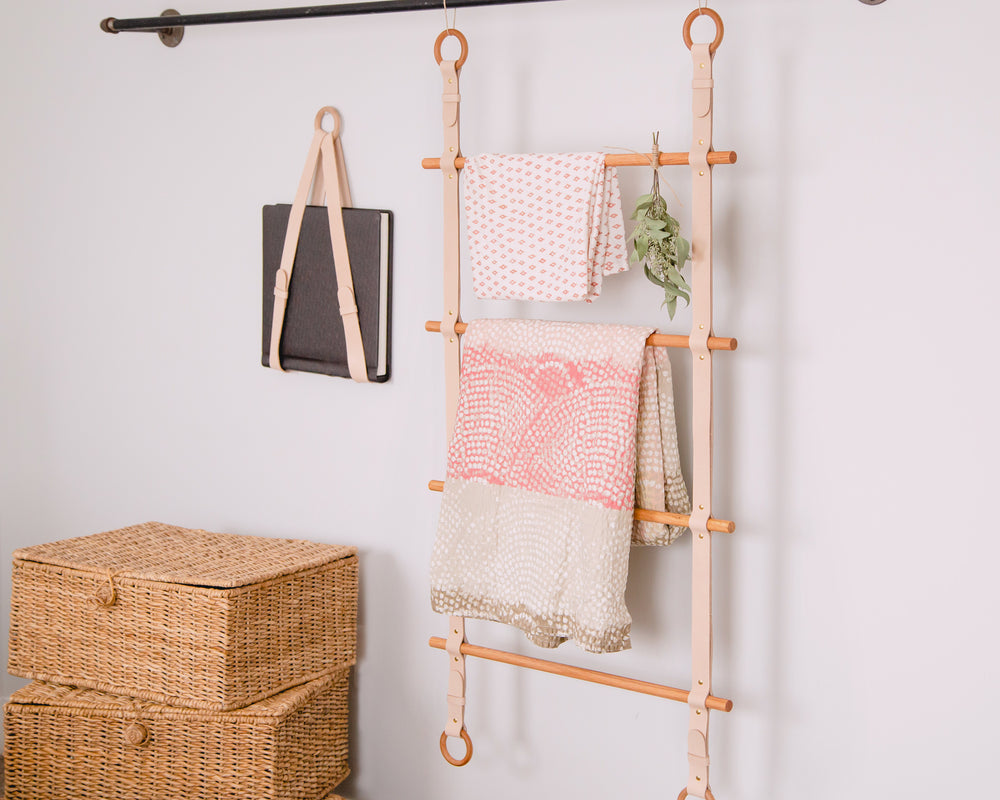
                  
                    Load image into Gallery viewer, Hanging Blanket Ladder, Vegetable Tanned Leather &amp;amp; Wood
                  
                