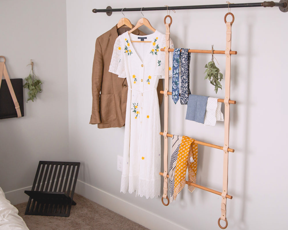 
                  
                    Load image into Gallery viewer, Hanging Blanket Ladder, Vegetable Tanned Leather &amp;amp; Wood
                  
                