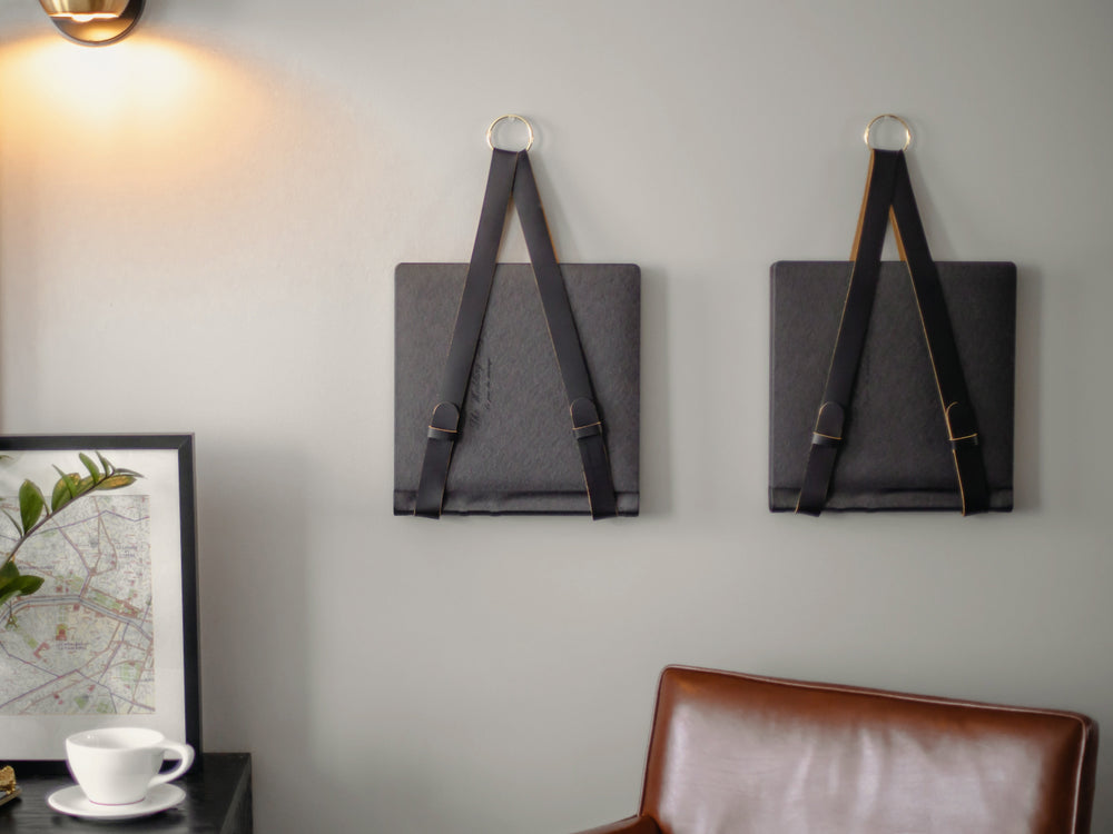Hanging Magazine Holder, Black Italian Leather & Brass