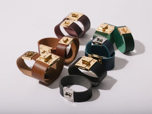 
                  
                    Load image into Gallery viewer, Italian Leather Cuff Bracelet with Mini Gold Turn Lock Closure
                  
                