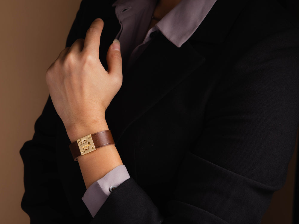
                  
                    Load image into Gallery viewer, Italian Leather Cuff Bracelet with Mini Gold Turn Lock Closure
                  
                