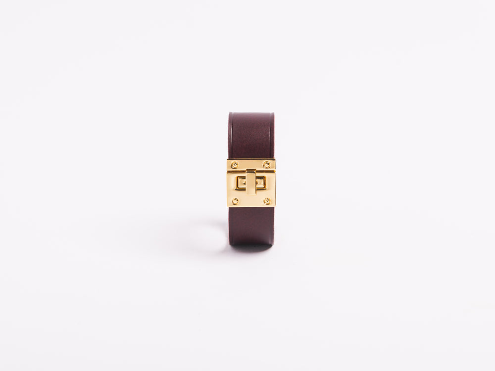 Italian Leather Cuff Bracelet with Mini Gold Turn Lock Closure