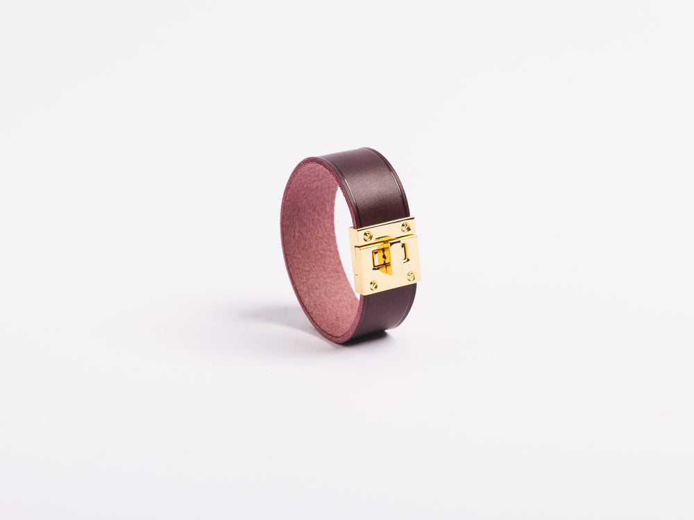 
                  
                    Load image into Gallery viewer, Italian Leather Cuff Bracelet with Mini Gold Turn Lock Closure
                  
                