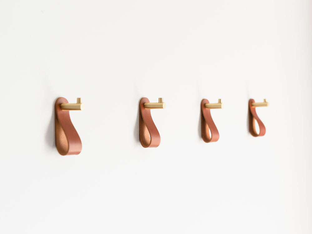 Brass Wall Hooks with Leather Loops