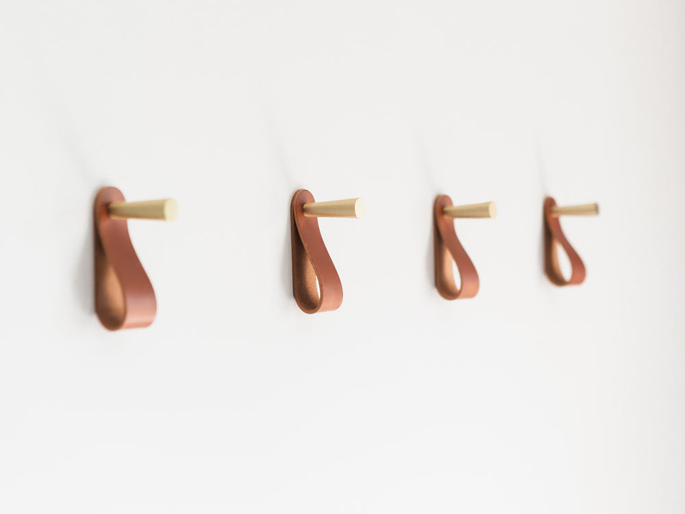 Minimal Brass Wall Hooks with Leather Loops