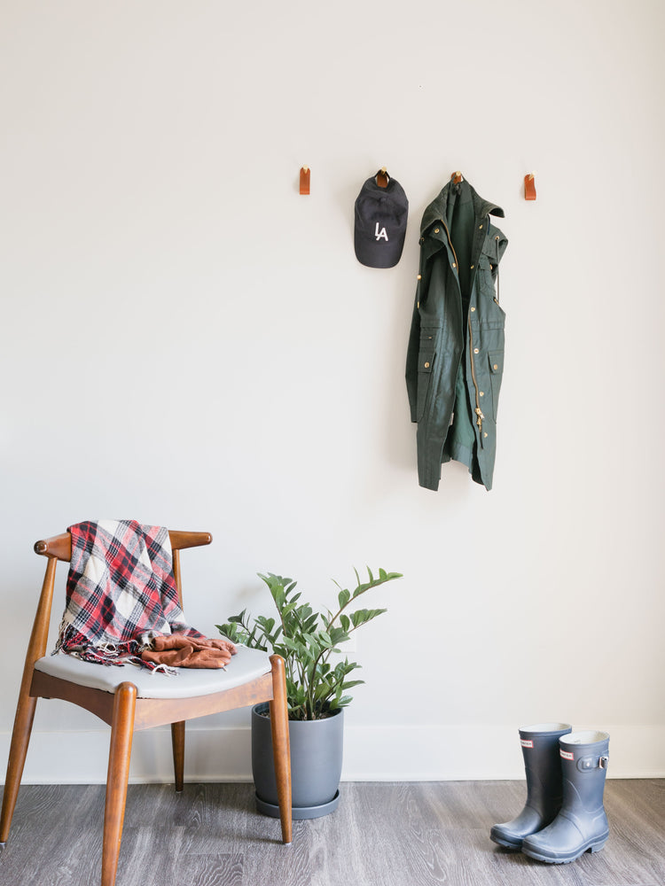 
                  
                    Load image into Gallery viewer, Minimal Brass Wall Hooks with Leather Loops
                  
                