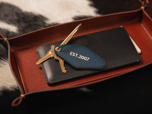 
                  
                    Load image into Gallery viewer, Vintage Leather Hotel Key with Brass Oval Key Ring, Standard, Personalized
                  
                