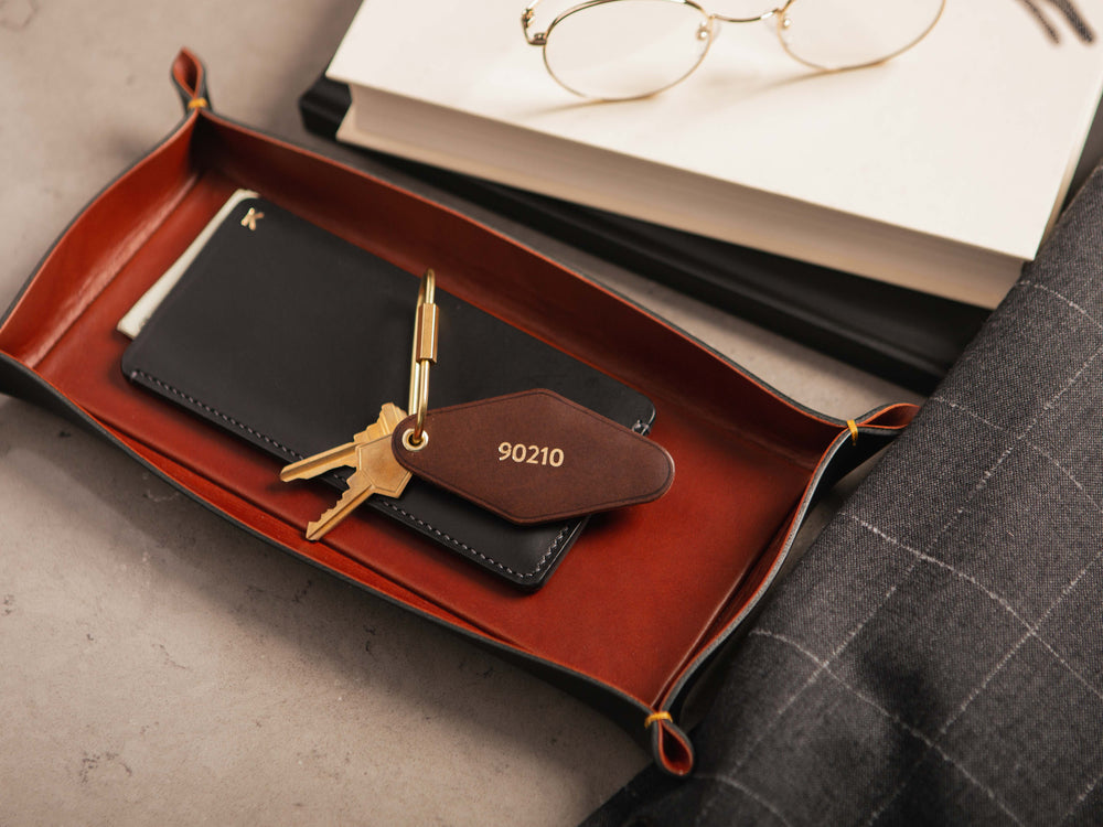 
                  
                    Load image into Gallery viewer, Vintage Leather Hotel Key with Brass Oval Key Ring, Standard, Personalized
                  
                