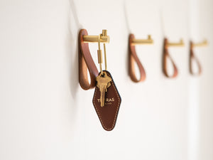 
                  
                    Load image into Gallery viewer, Vintage Leather Hotel Key with Brass Oval Key Ring, Premium, Personalized
                  
                