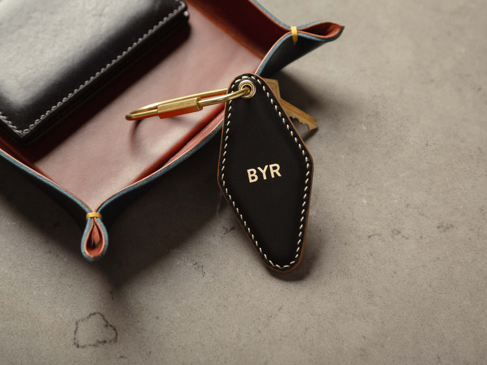 
                  
                    Load image into Gallery viewer, Vintage Leather Hotel Key with Brass Oval Key Ring, Premium, Personalized, Theras Atelier, Made to Order Leather Goods, Custom Hotel Key Chain - 11
                  
                