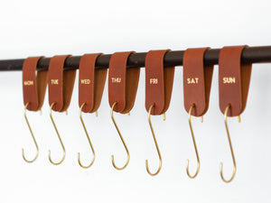 
                  
                    Load image into Gallery viewer, Days of the Week, Solid Brass S Hooks with Buttero Leather Loops
                  
                