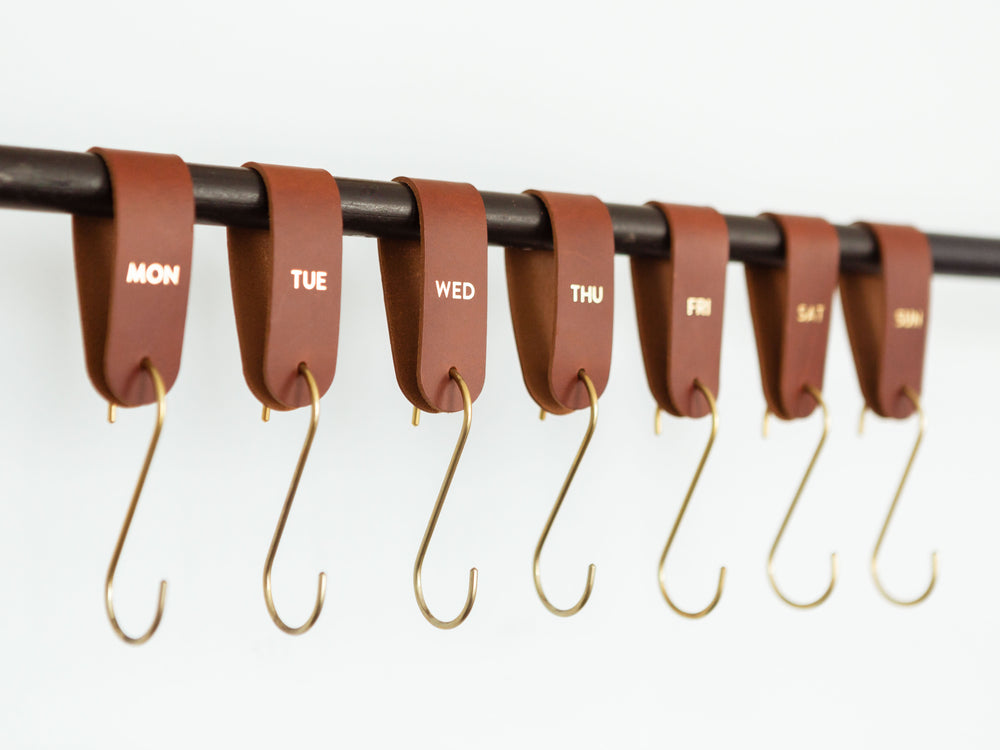 
                  
                    Load image into Gallery viewer, Days of the Week, Solid Brass S Hooks with Buttero Leather Loops
                  
                