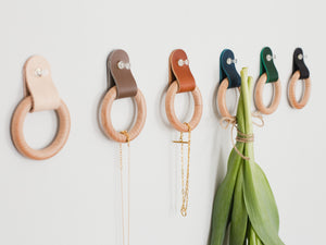 
                  
                    Load image into Gallery viewer, Leather and Wood Ring Wall Hooks
                  
                