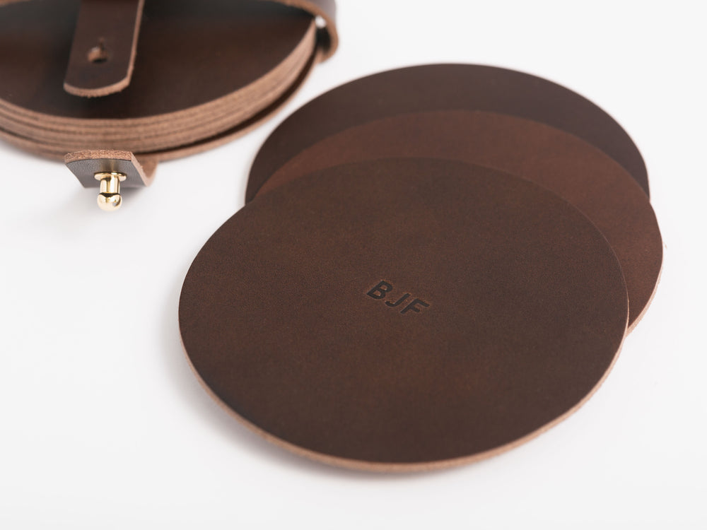 
                  
                    Load image into Gallery viewer, Italian Leather Coaster Set, Personalized
                  
                